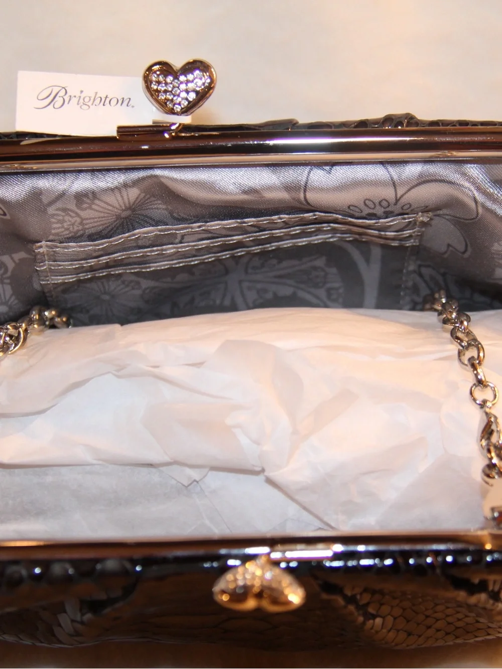 Brighton Black Faux Snakeskin Heart-Clasp Wristlet Clutch